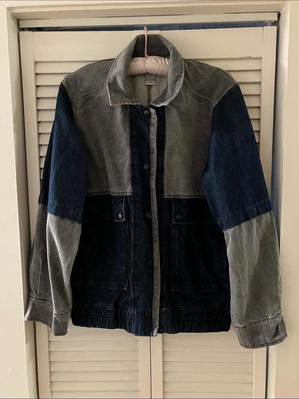 Vintage Learsi Two Tone Gray Blue Denim Collared Bomber Jacket Size Small